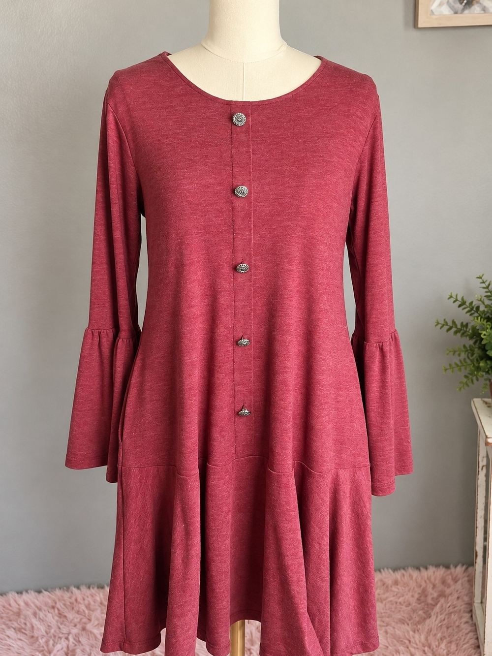 Yelete Medium Mauve Bell Sleeve Swing Dress Pockets Boho Button Detail